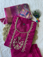 Lorenvalley Fashion Magenta Roman Silk Hand Work Kurta Pant with Dupatta | Grocsy