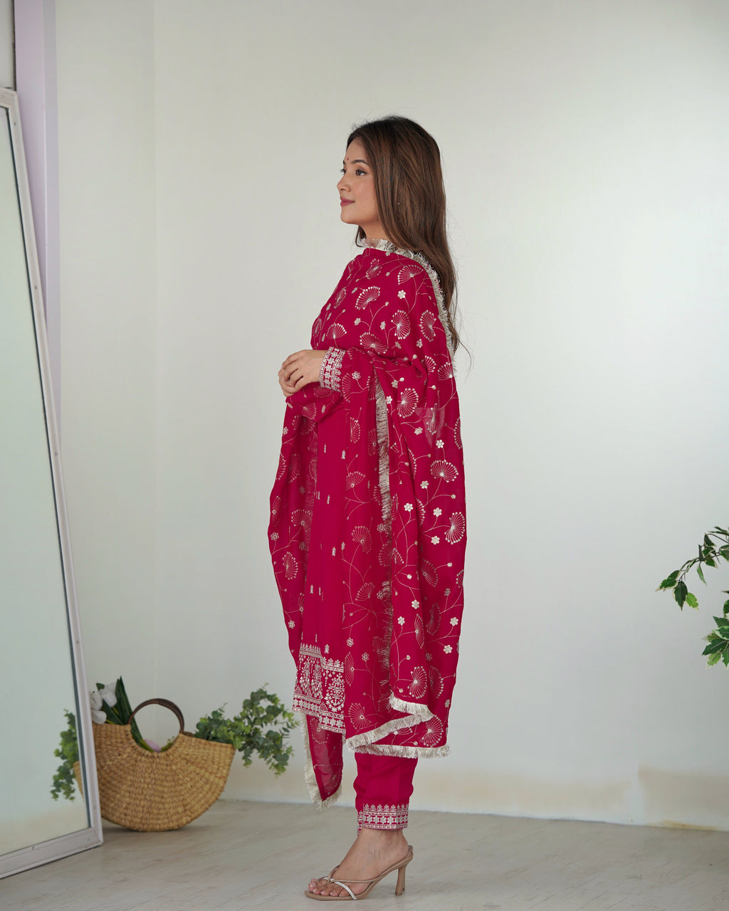 Lorenvalley Magenta Rangoli Silk Embroidery Sequence and Jari Work Kurta Trousers with Dupatta Set | Grocsy