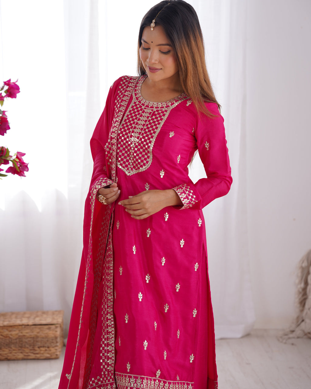 Lorenvalley Magenta Chinon Silk Embroidery Sequence and Jari Work Kurta Trousers with Dupatta Set | Grocsy