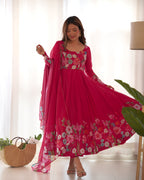 Lorenvalley Parrot Soft Organza Silk With Floral Print Fully Flared Anarkali Pant With Dupatta Set - Magenta | Grocsy