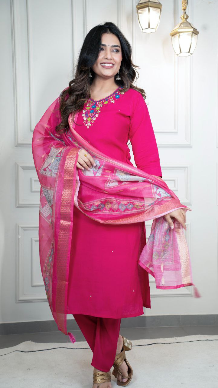 Lorenvalley Fashion Magenta Roman Silk Hand Work Kurta Pant with Dupatta | Grocsy