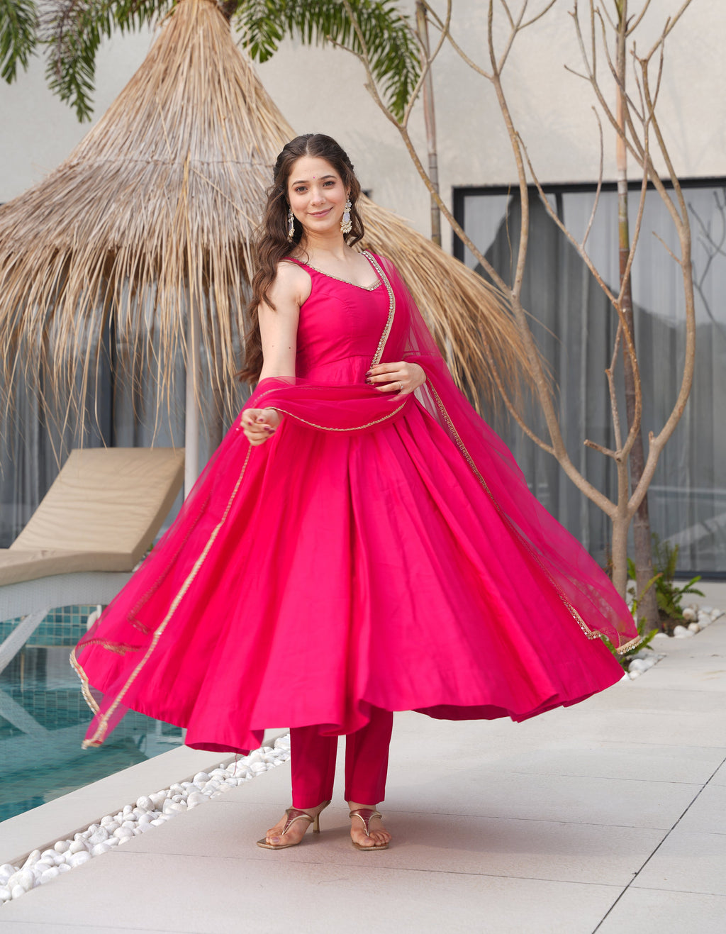 Lorenvalley Magenta Pure Romansilk Chanderi Fabric Yoke Fancy Lace Work Anarkali Kurta Pant With Dupatta Set | Grocsy