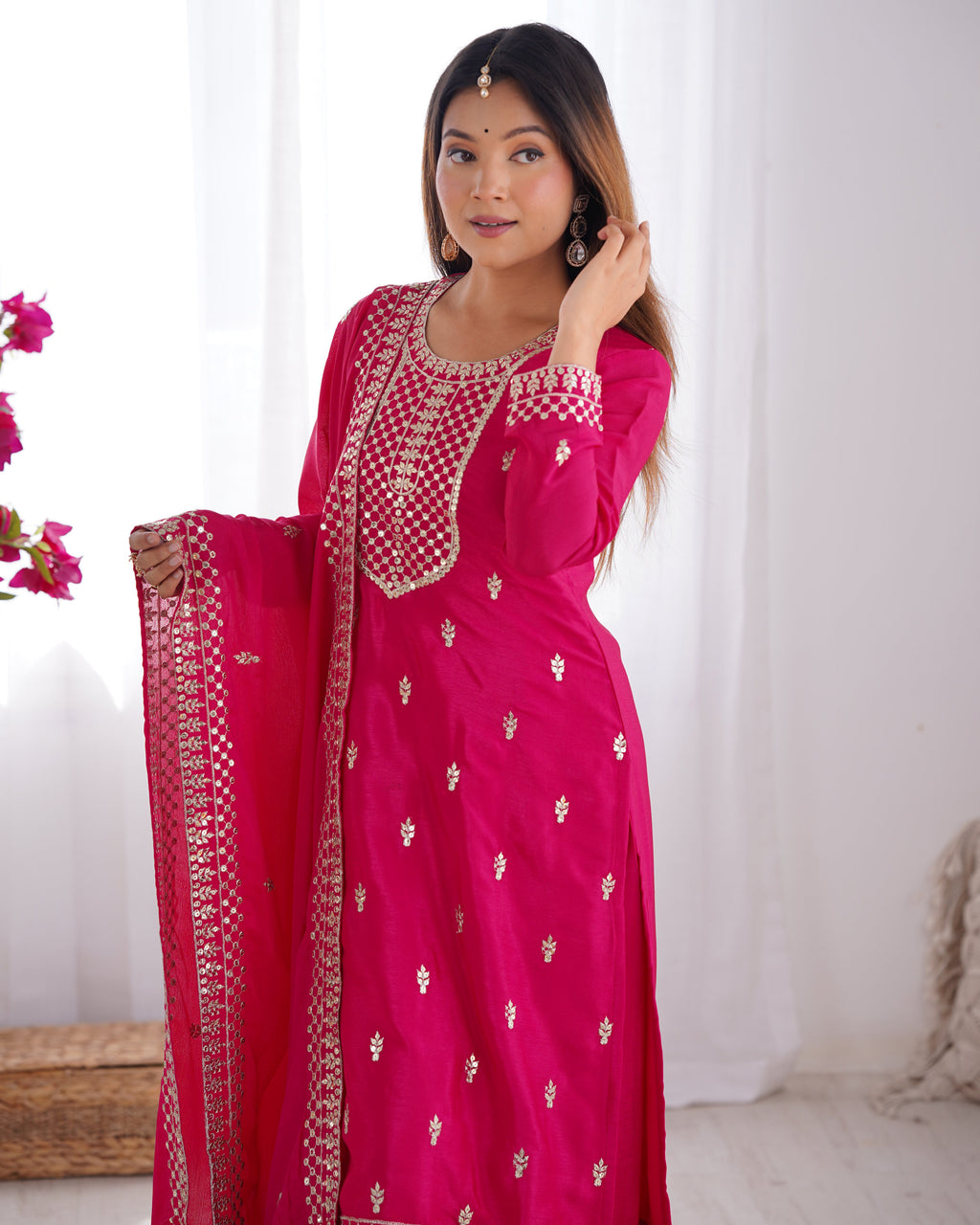 Lorenvalley Magenta Chinon Silk Embroidery Sequence and Jari Work Kurta Trousers with Dupatta Set | Grocsy