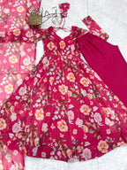 Lorenvalley Magenta Soft Organza Silk With Floral Print Fully Flared Anarkali Pant With Dupatta Set | Grocsy