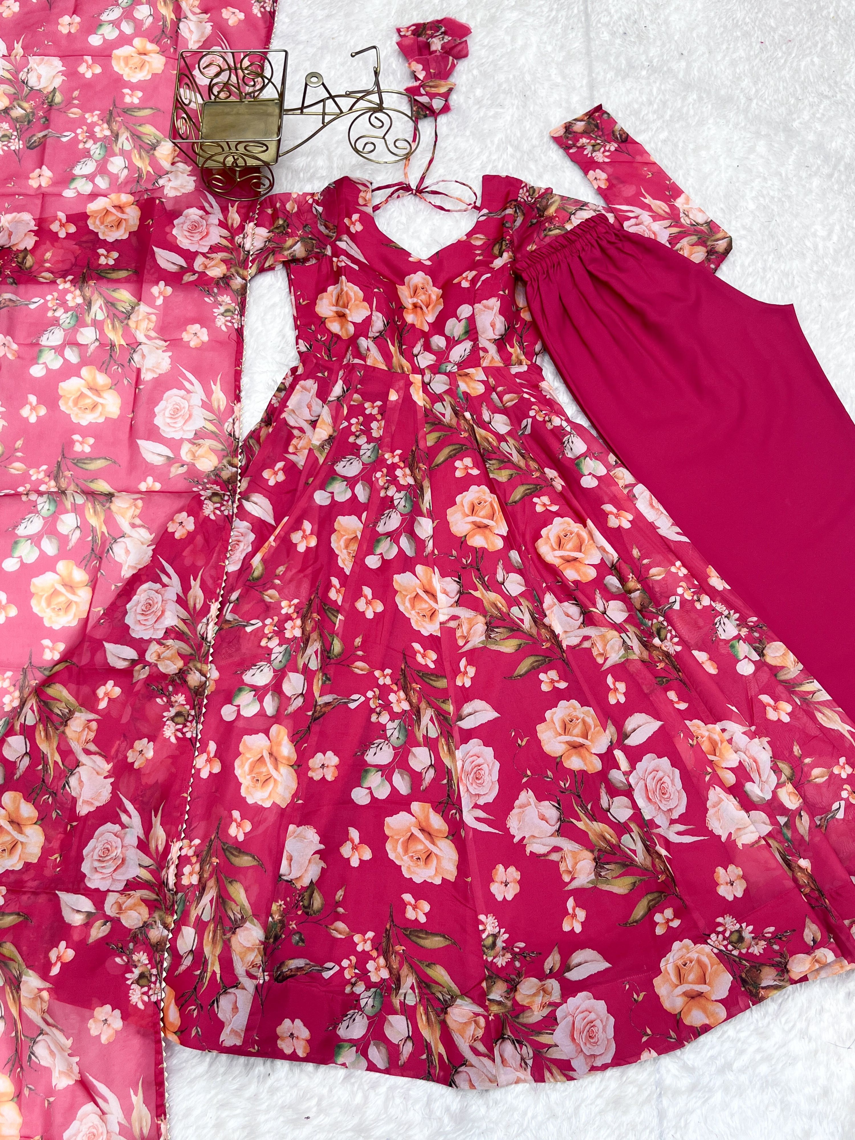 Lorenvalley Magenta Soft Organza Silk With Floral Print Fully Flared Anarkali Pant With Dupatta Set | Grocsy