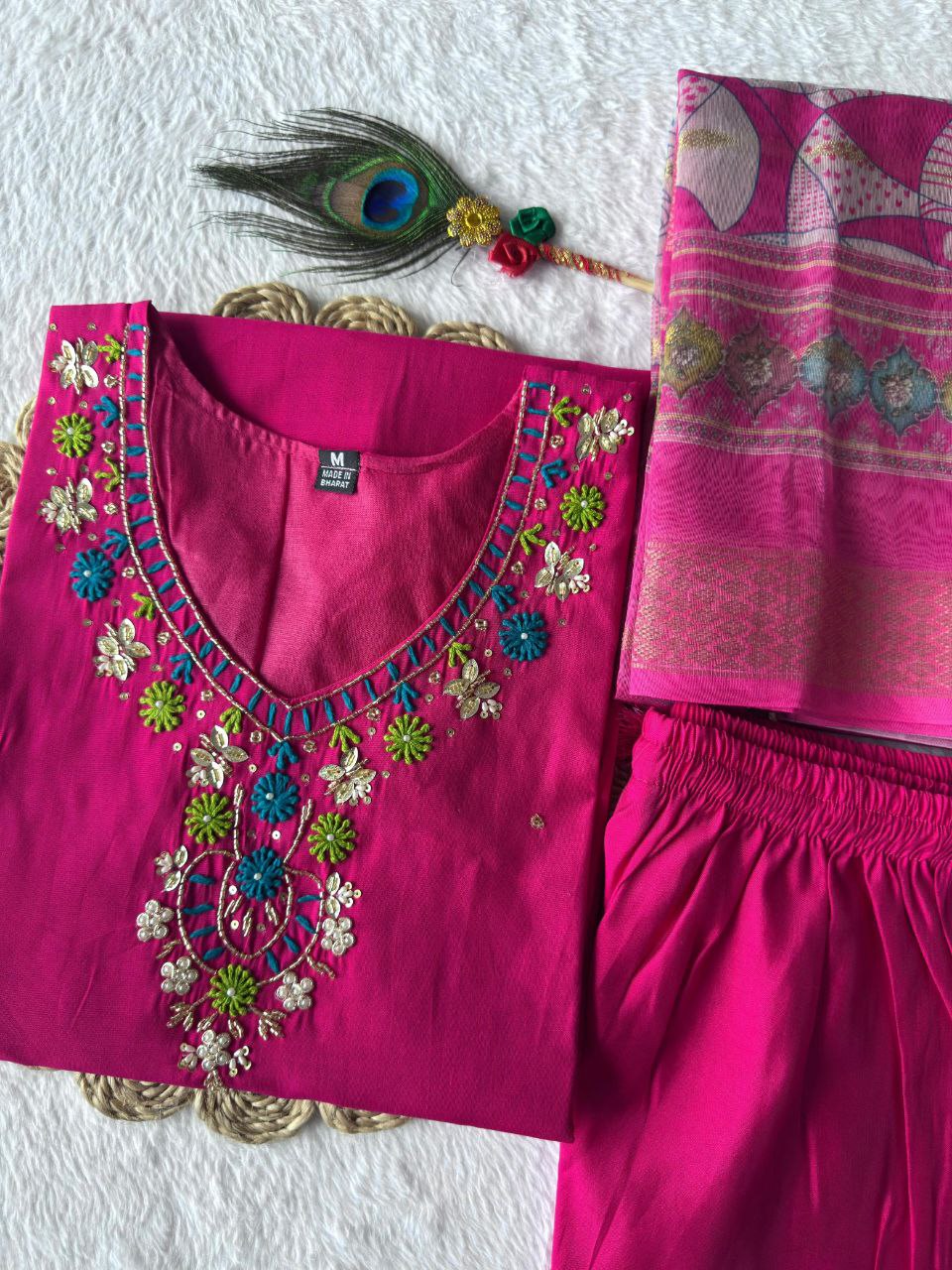 Lorenvalley Fashion Magenta Roman Silk Hand Work Kurta Pant with Dupatta | Grocsy