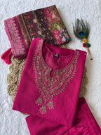 Lorenvalley Fashion Magenta Roman Silk Embroidery Multi Work Kurta Pant with Dupatta | Grocsy