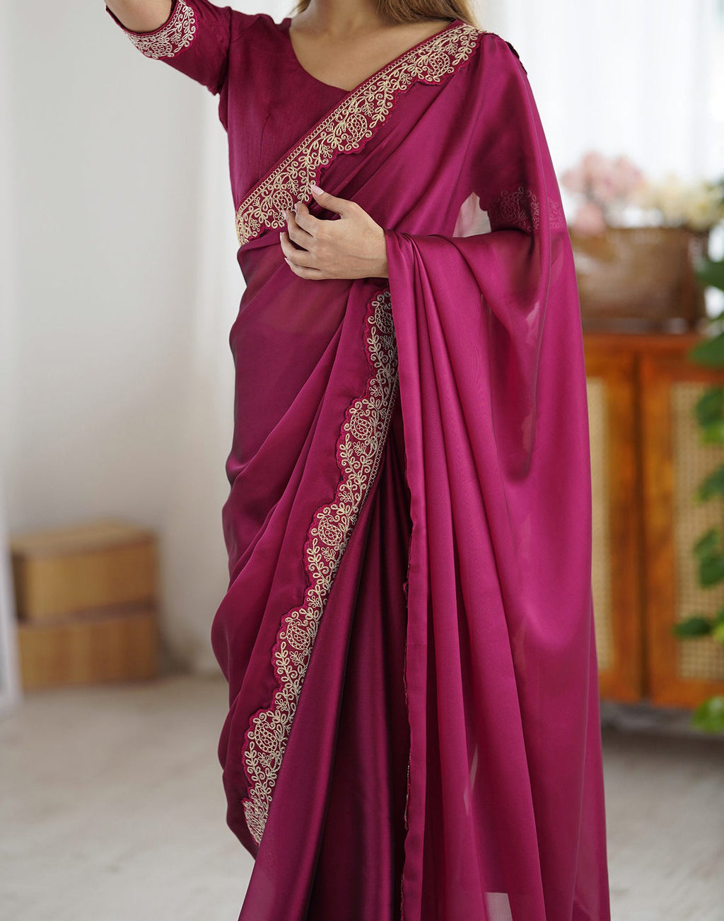 Lorenvalley Fashion Dark Magenta Rangoli Silk with Coding Lace Work Saree with Blouse | Grocsy