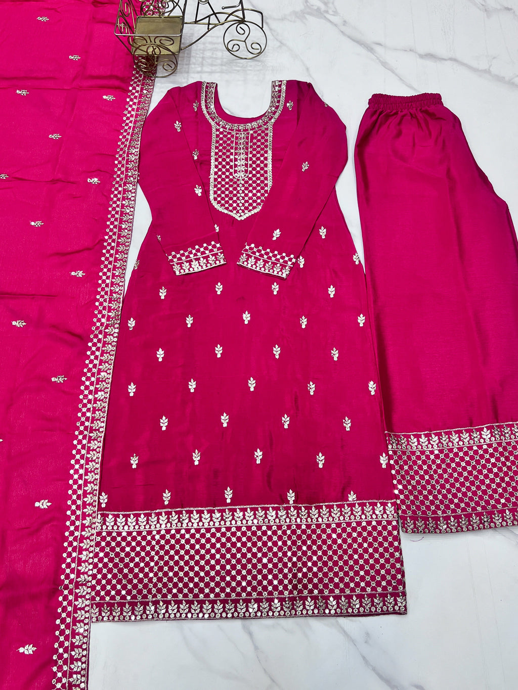 Lorenvalley Magenta Chinon Silk Embroidery Sequence and Jari Work Kurta Trousers with Dupatta Set | Grocsy
