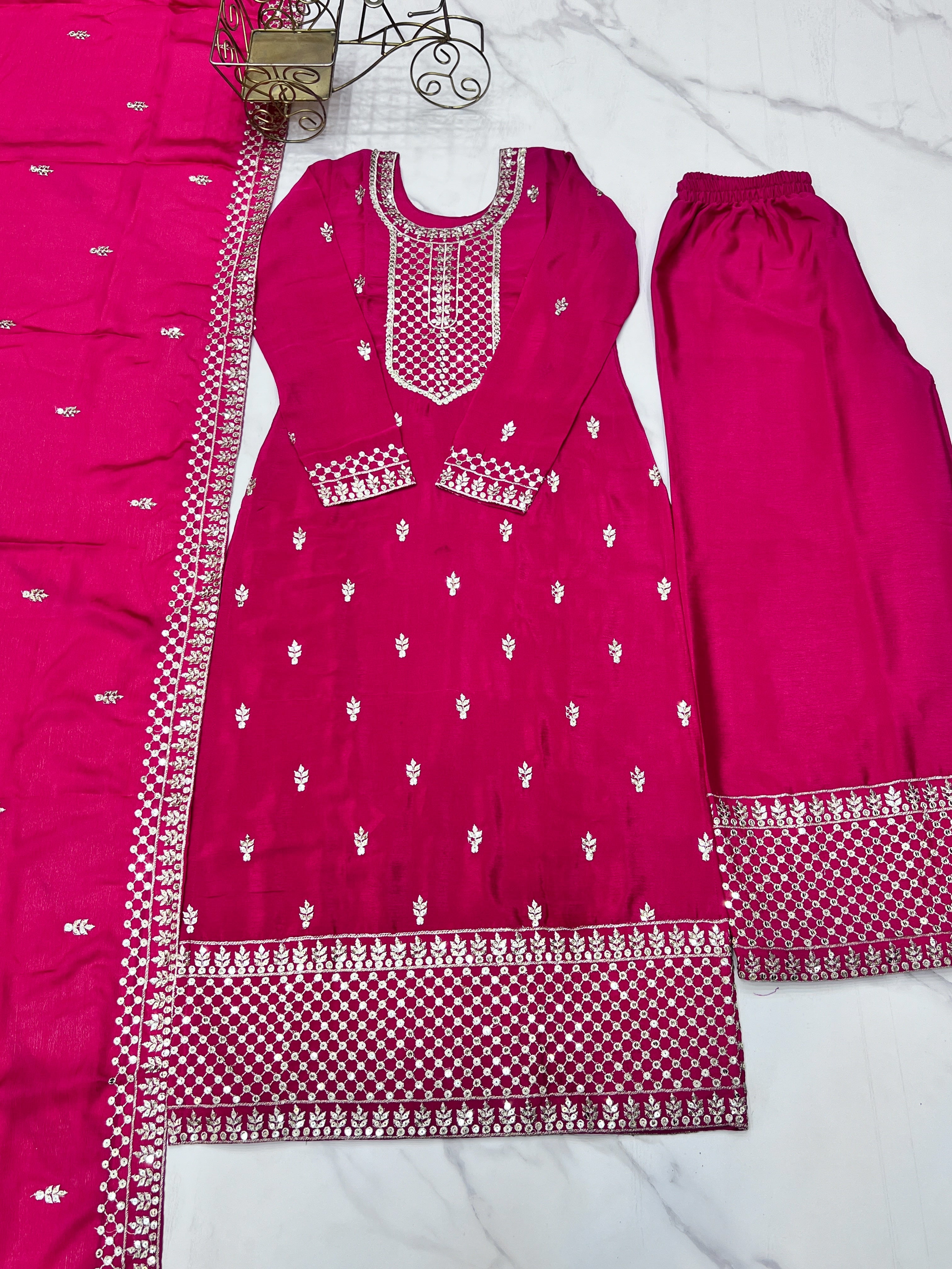 Lorenvalley Magenta Chinon Silk Embroidery Sequence and Jari Work Kurta Trousers with Dupatta Set | Grocsy
