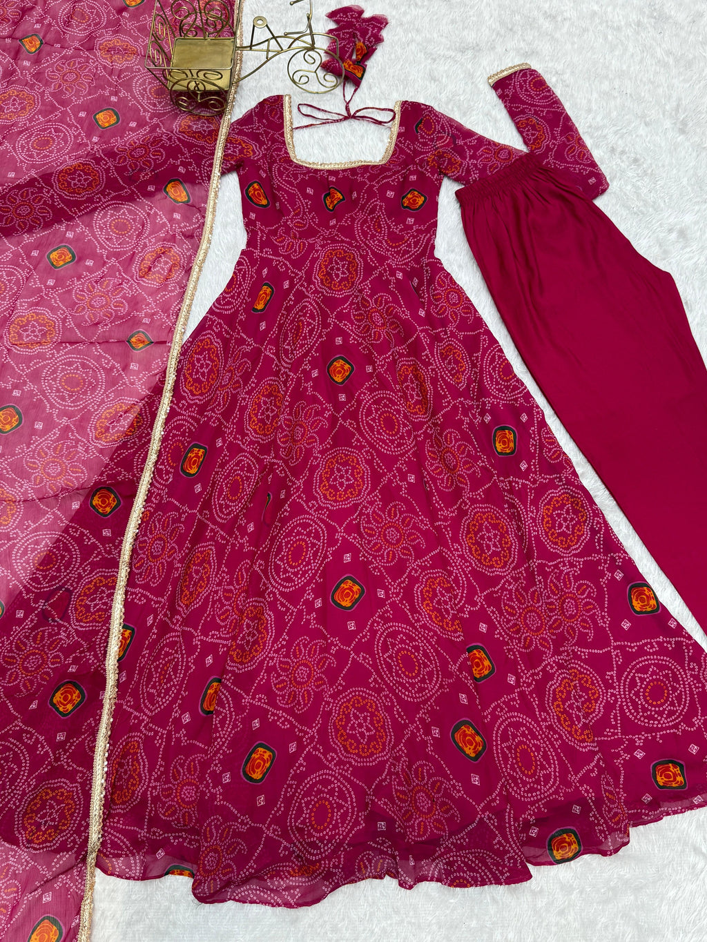 Lorenvalley Women Soft Lightweight Chiffon Bandhej Print Fabric Anarkali Kurta Pant With Dupatta Set | Grocsy