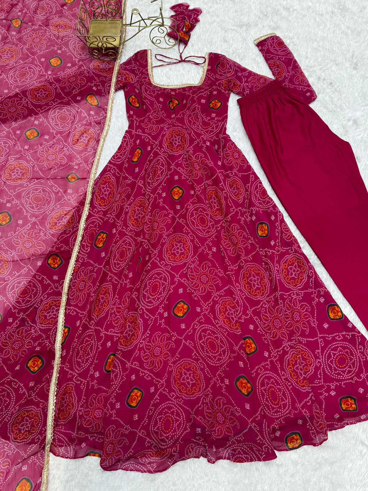 Lorenvalley Women Soft Lightweight Chiffon Bandhej Print Fabric Anarkali Kurta Pant With Dupatta Set | Grocsy
