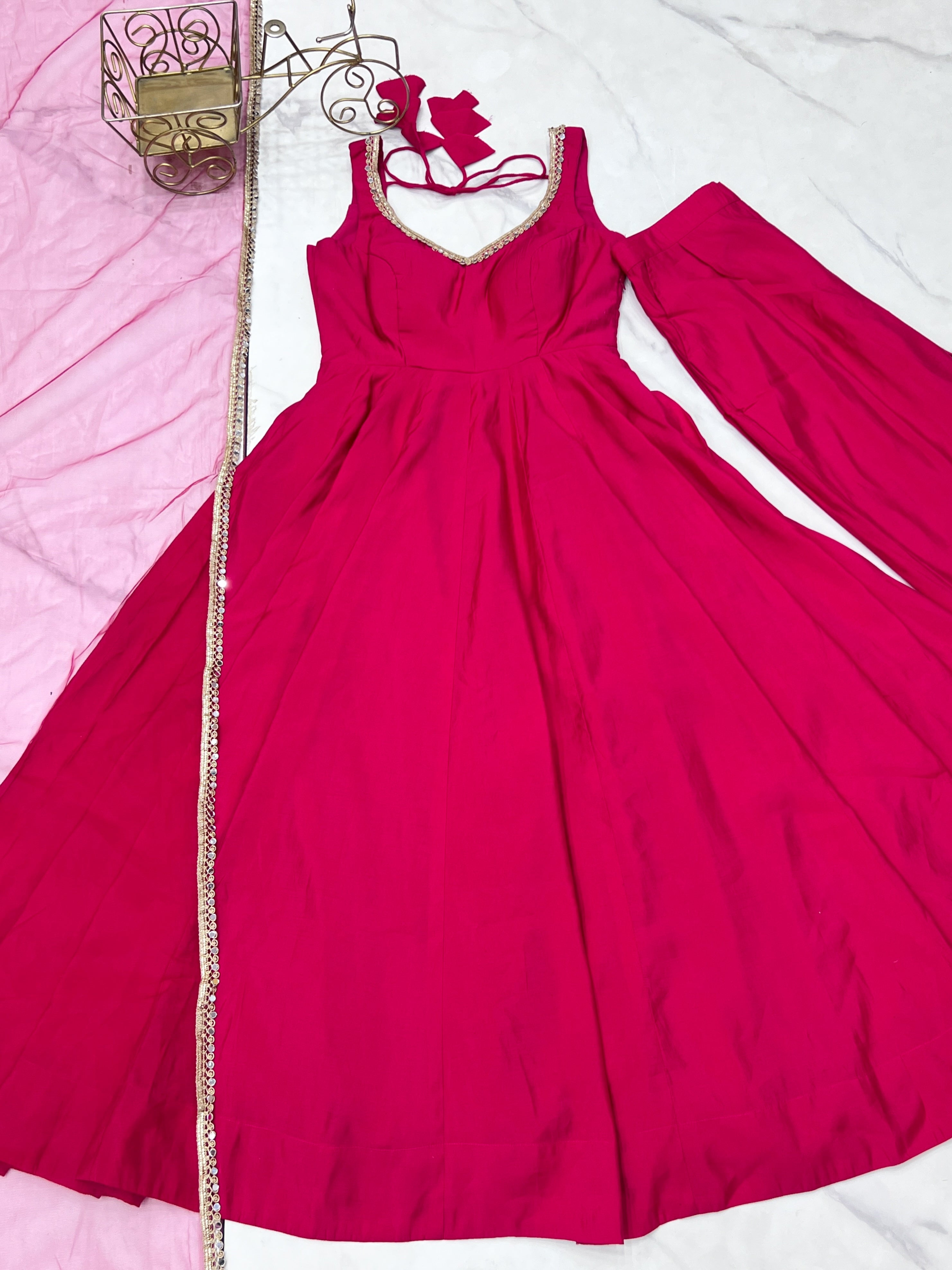 Lorenvalley Magenta Pure Romansilk Chanderi Fabric Yoke Fancy Lace Work Anarkali Kurta Pant With Dupatta Set | Grocsy