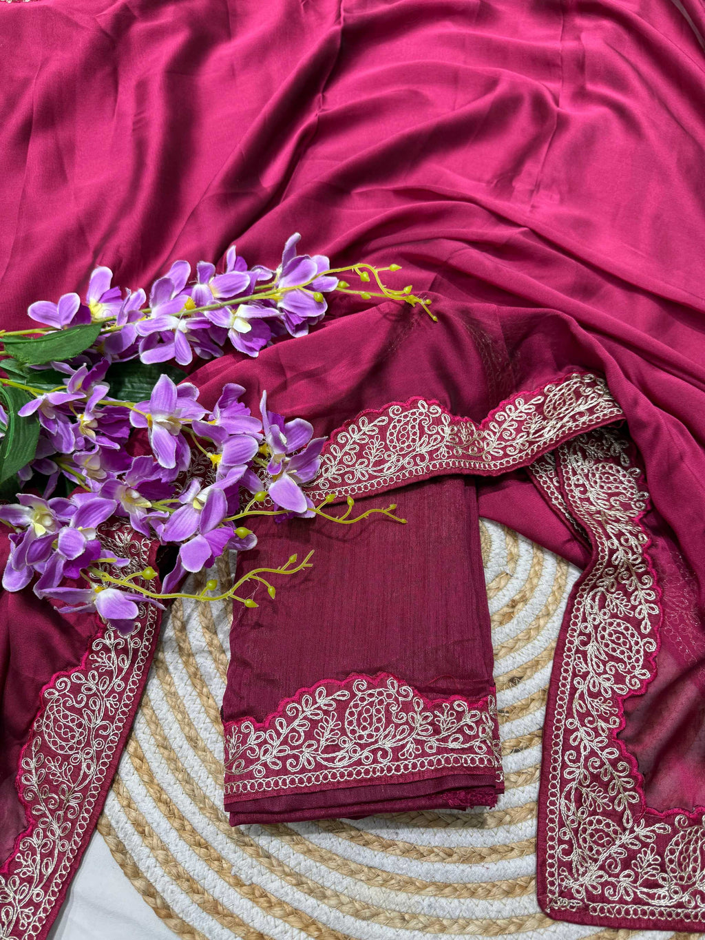 Lorenvalley Fashion Dark Magenta Rangoli Silk with Coding Lace Work Saree with Blouse | Grocsy