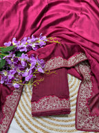 Lorenvalley Fashion Dark Magenta Rangoli Silk with Coding Lace Work Saree with Blouse | Grocsy