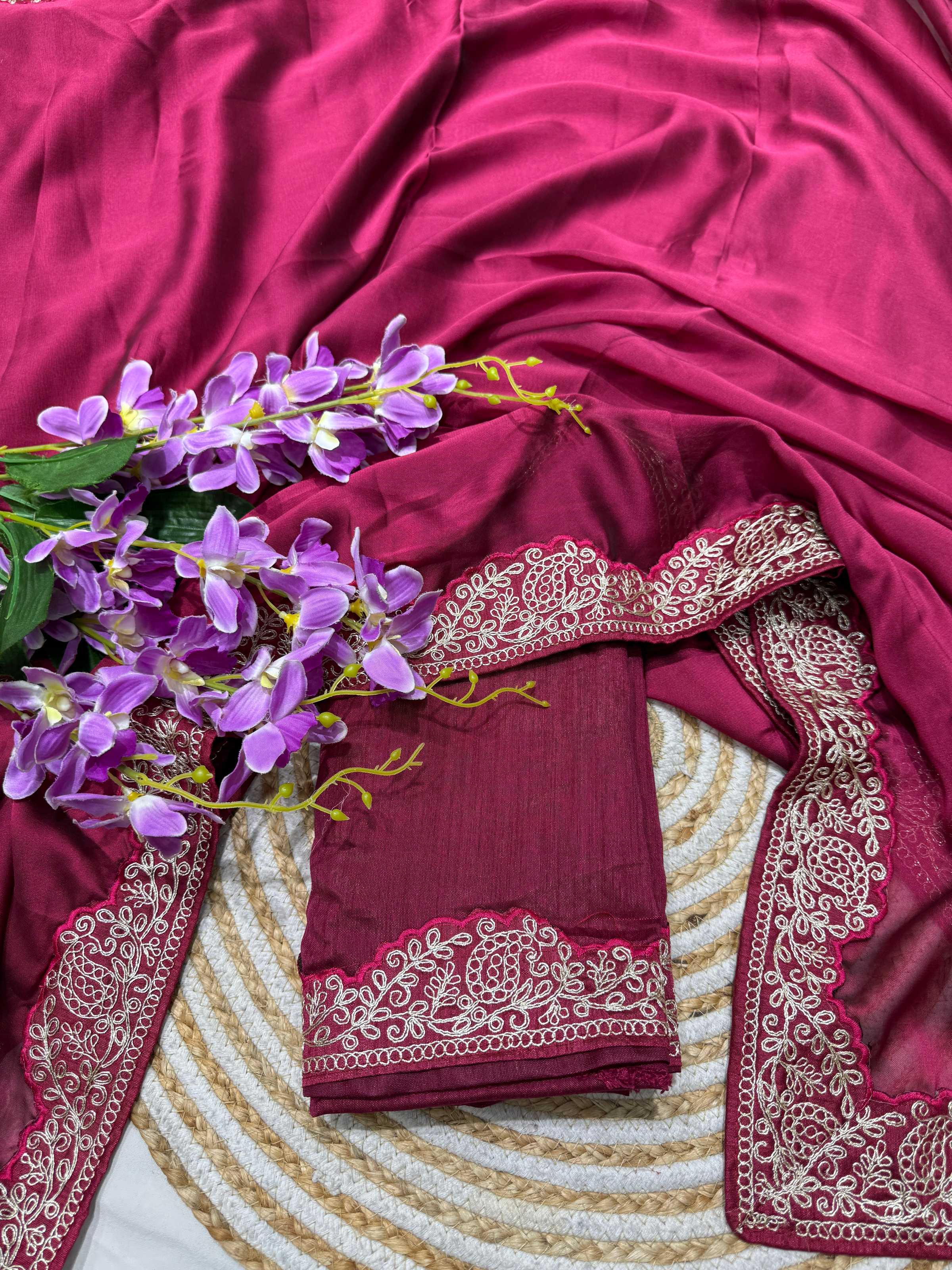Lorenvalley Fashion Dark Magenta Rangoli Silk with Coding Lace Work Saree with Blouse | Grocsy