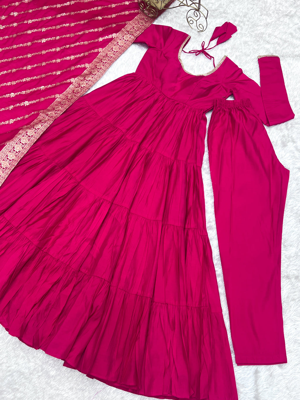 Lorenvalley Women Pure Roman silk Chanderi Fabric Layer Gathering Anarkali Kurta Pant With Dupatta Set - Magenta | Grocsy
