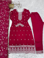 Lorenvalley Magenta Rangoli Silk Embroidery Sequence and Jari Work Kurta Trousers with Dupatta Set | Grocsy