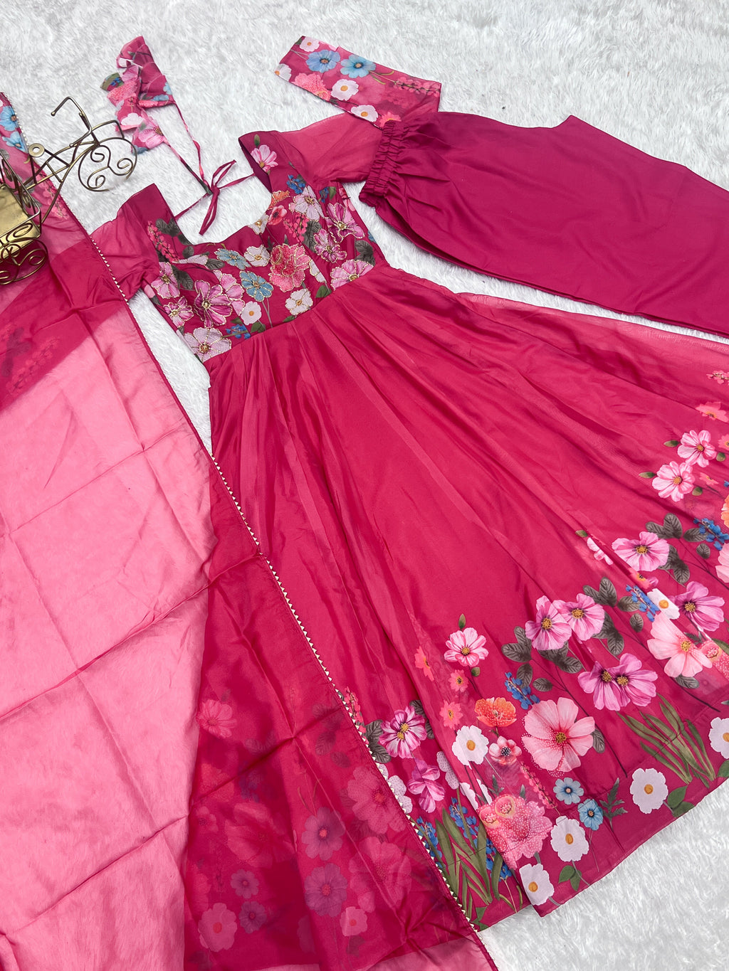 Lorenvalley Parrot Soft Organza Silk With Floral Print Fully Flared Anarkali Pant With Dupatta Set - Magenta | Grocsy