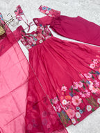 Lorenvalley Parrot Soft Organza Silk With Floral Print Fully Flared Anarkali Pant With Dupatta Set - Magenta | Grocsy