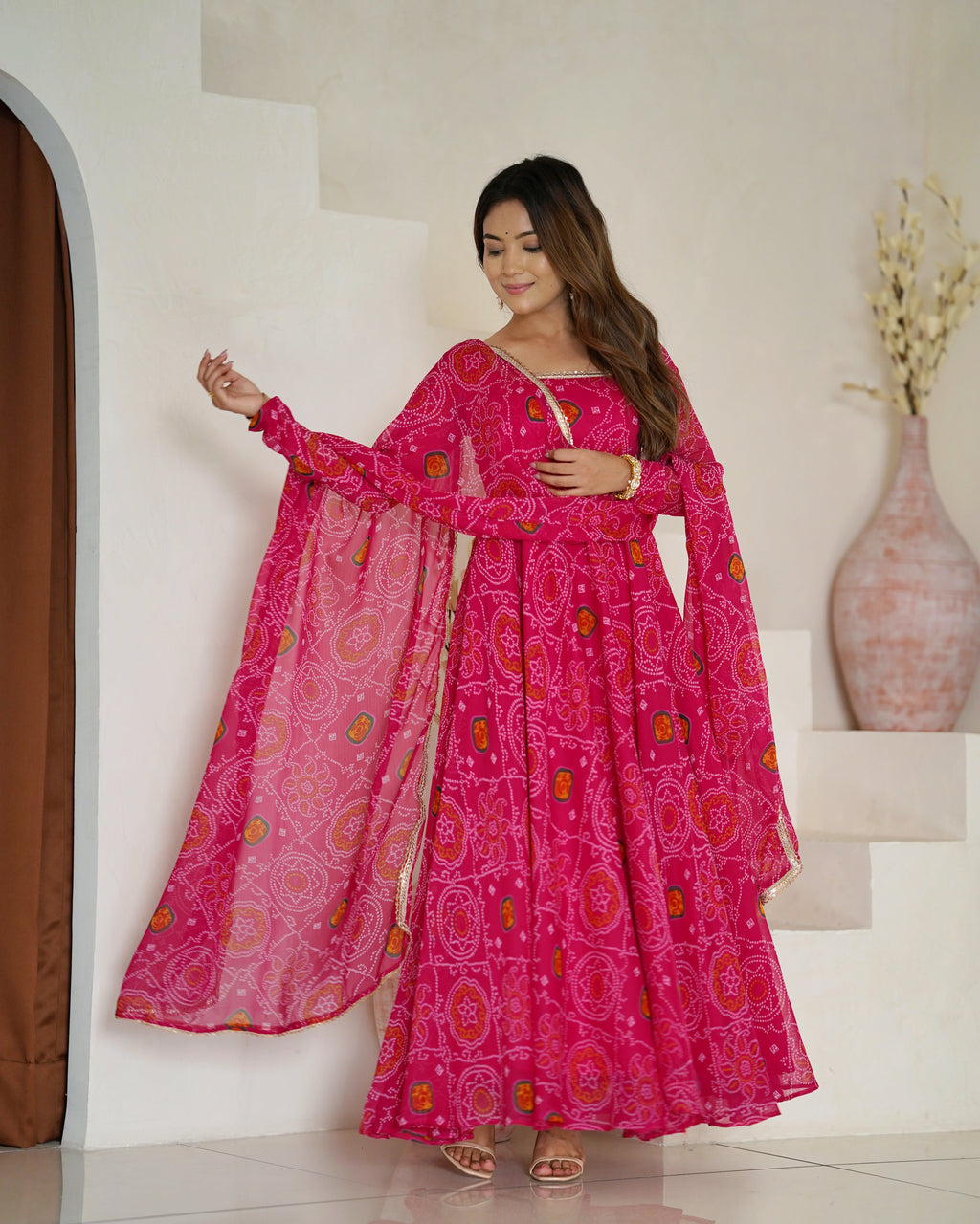 Lorenvalley Women Soft Lightweight Chiffon Bandhej Print Fabric Anarkali Kurta Pant With Dupatta Set | Grocsy