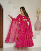 Lorenvalley Women Soft Lightweight Chiffon Bandhej Print Fabric Anarkali Kurta Pant With Dupatta Set | Grocsy