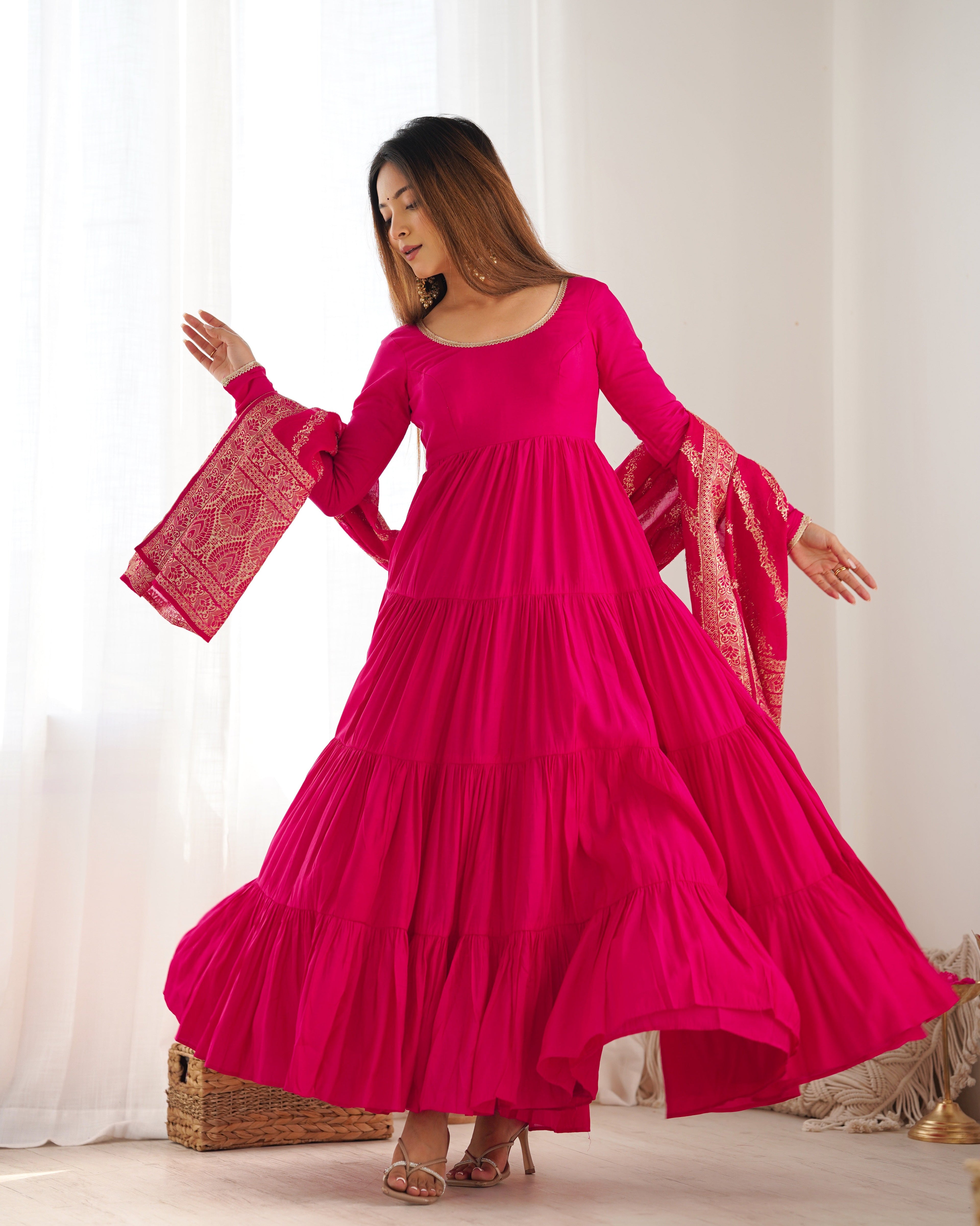 Lorenvalley Women Pure Roman silk Chanderi Fabric Layer Gathering Anarkali Kurta Pant With Dupatta Set - Magenta | Grocsy