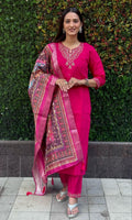 Lorenvalley Fashion Magenta Roman Silk Embroidery Multi Work Kurta Pant with Dupatta | Grocsy