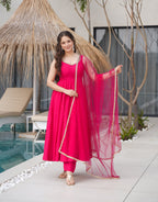 Lorenvalley Magenta Pure Romansilk Chanderi Fabric Yoke Fancy Lace Work Anarkali Kurta Pant With Dupatta Set | Grocsy