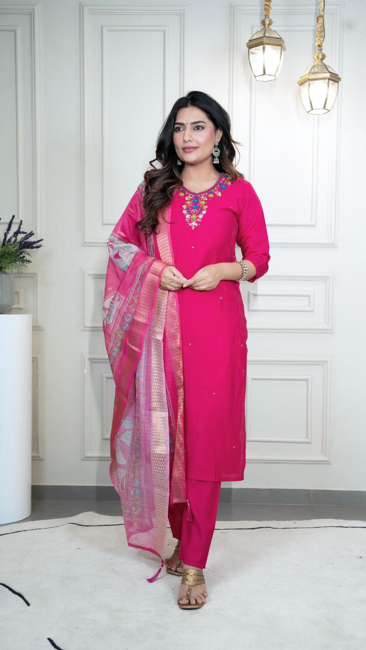 Lorenvalley Fashion Magenta Roman Silk Hand Work Kurta Pant with Dupatta | Grocsy