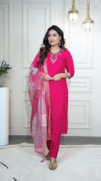 Lorenvalley Fashion Magenta Roman Silk Hand Work Kurta Pant with Dupatta | Grocsy