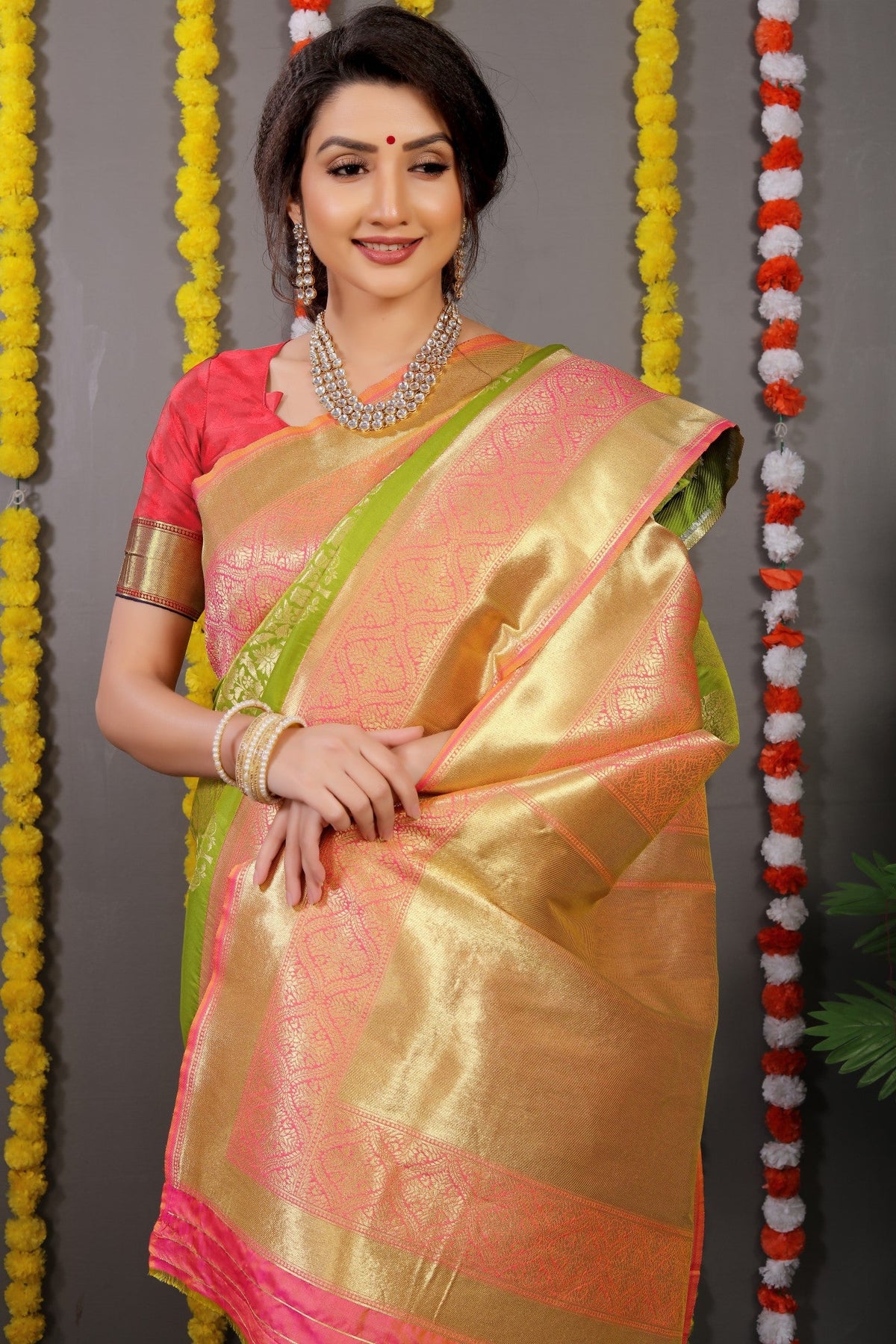 Anaita Green Woven Design Pure Silk Banarasi Saree With Blouse | Grocsy