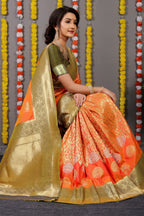 Anaita Orange Woven Design Pure Silk Banarasi Saree With Blouse | Grocsy