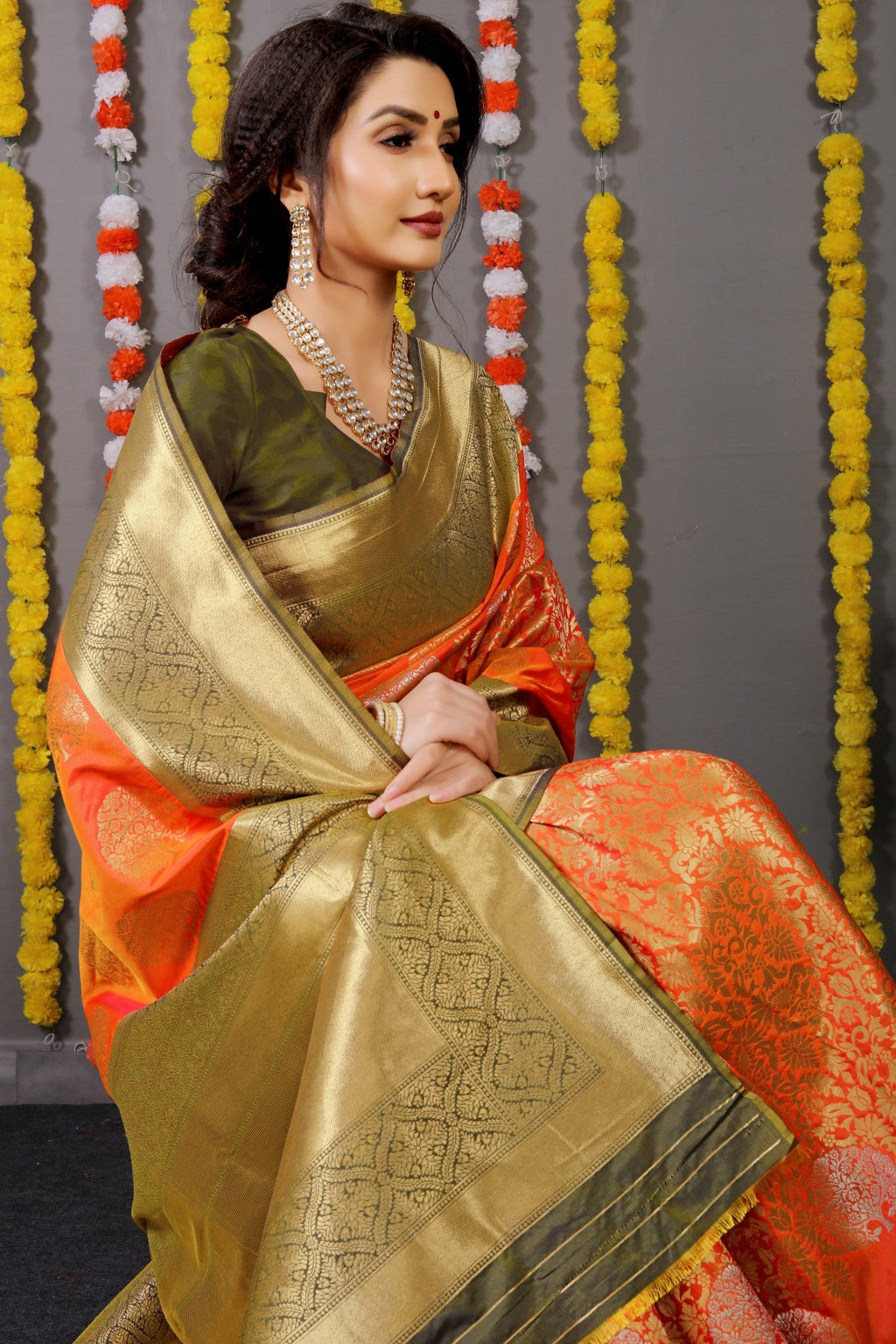Anaita Orange Woven Design Pure Silk Banarasi Saree With Blouse | Grocsy