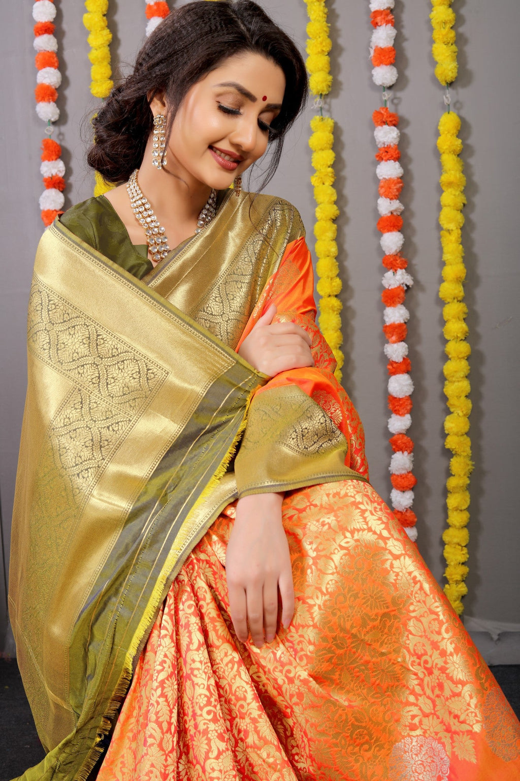 Anaita Orange Woven Design Pure Silk Banarasi Saree With Blouse | Grocsy