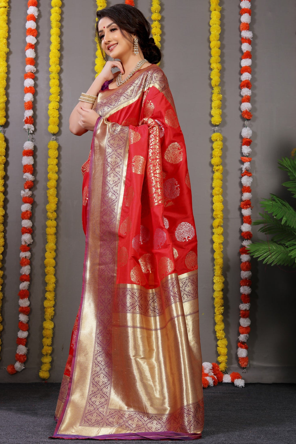 Anaita Red Woven Design Pure Silk Banarasi Saree With Blouse | Grocsy