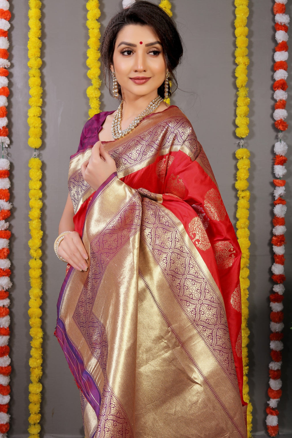 Anaita Red Woven Design Pure Silk Banarasi Saree With Blouse | Grocsy