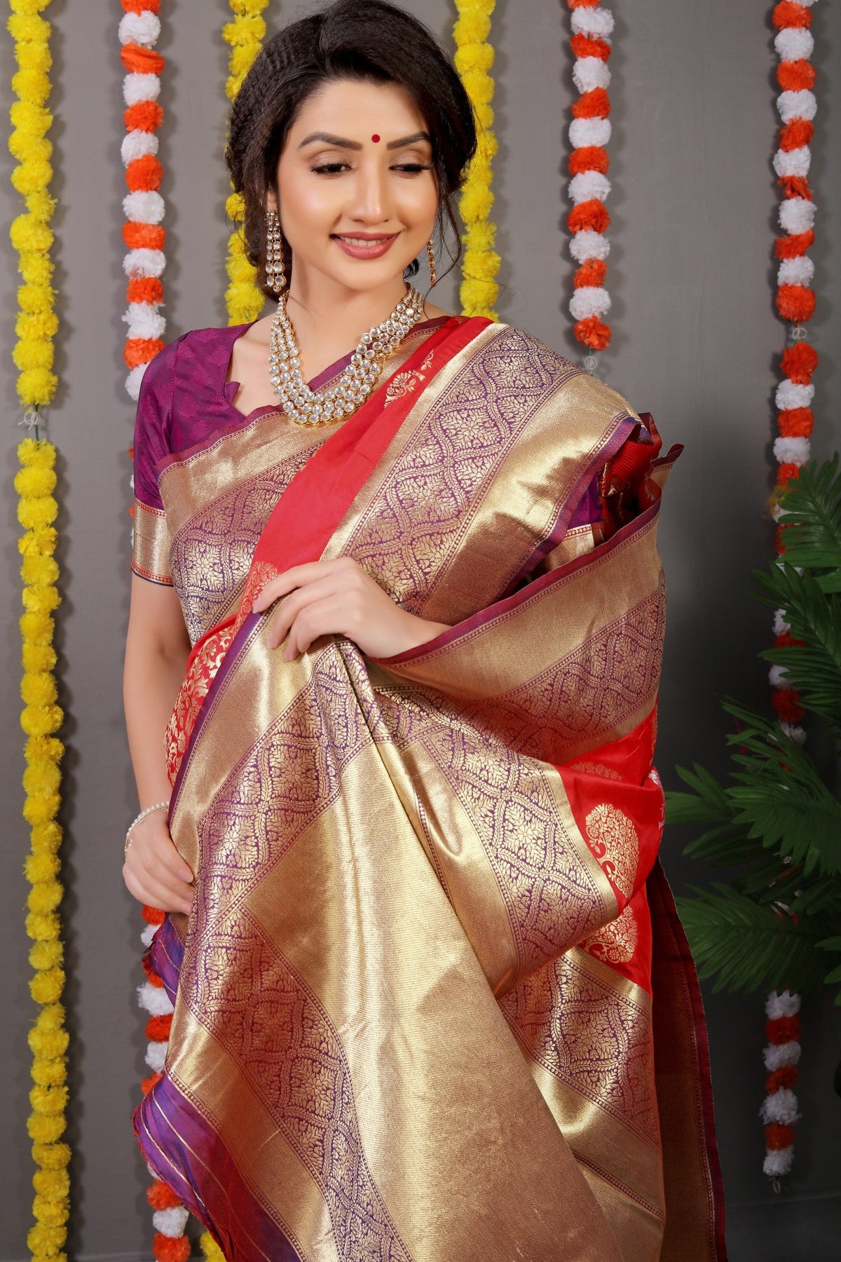 Anaita Red Woven Design Pure Silk Banarasi Saree With Blouse | Grocsy