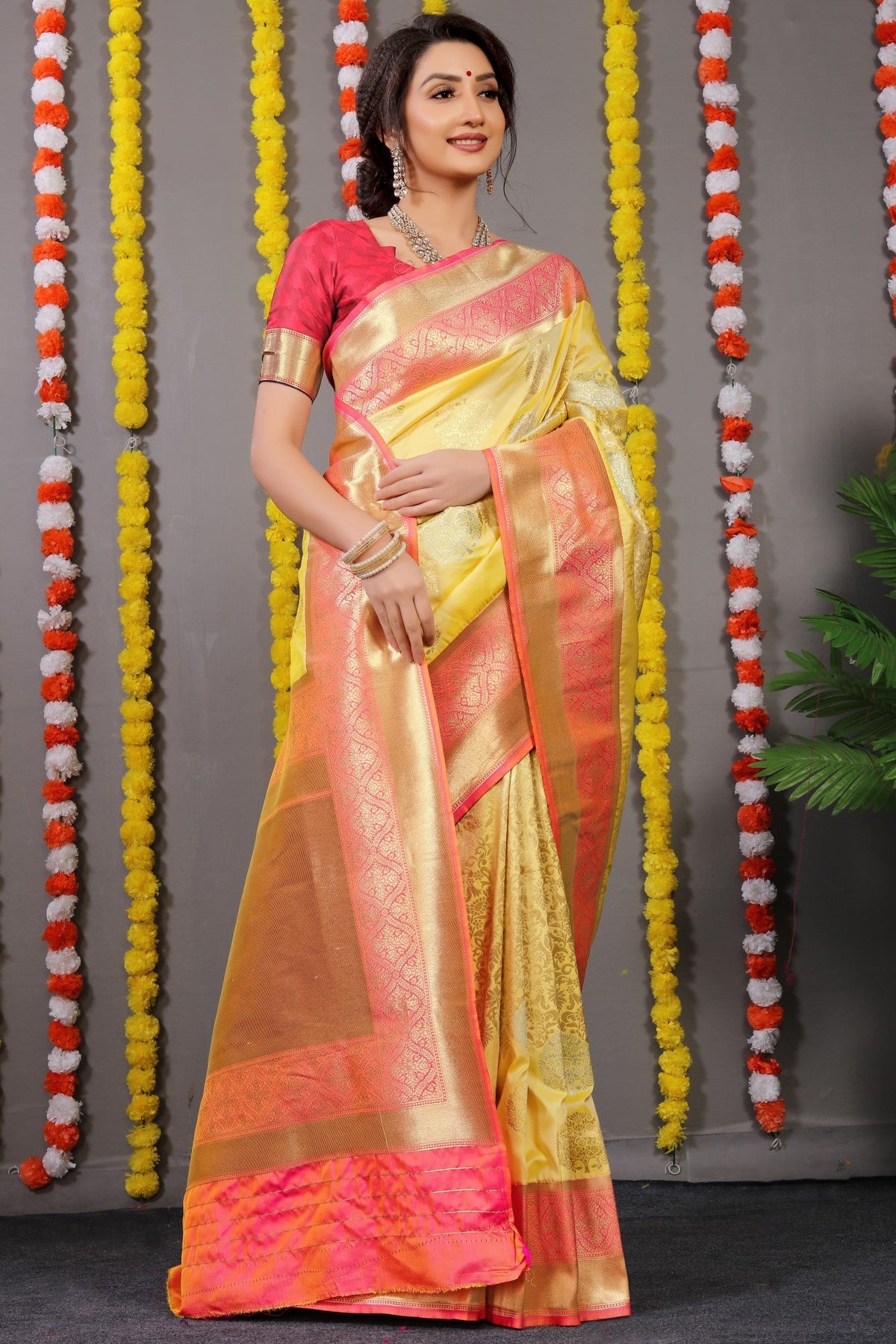 Anaita Yellow Woven Design Pure Silk Banarasi Saree With Blouse | Grocsy