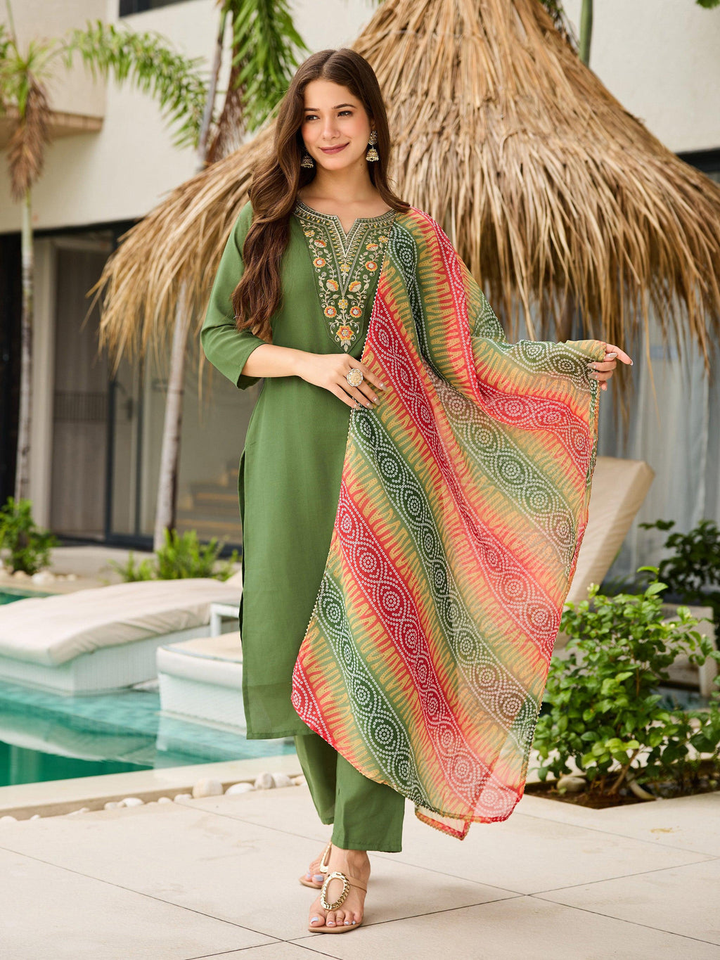 The52 Women's Gorgeous Rayon Embroidery work Straight Kurta with Pant and Dupatta Set | Grocsy