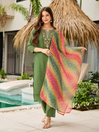 The52 Women's Gorgeous Rayon Embroidery work Straight Kurta with Pant and Dupatta Set | Grocsy