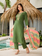 The52 Women's Gorgeous Rayon Embroidery work Straight Kurta with Pant and Dupatta Set | Grocsy