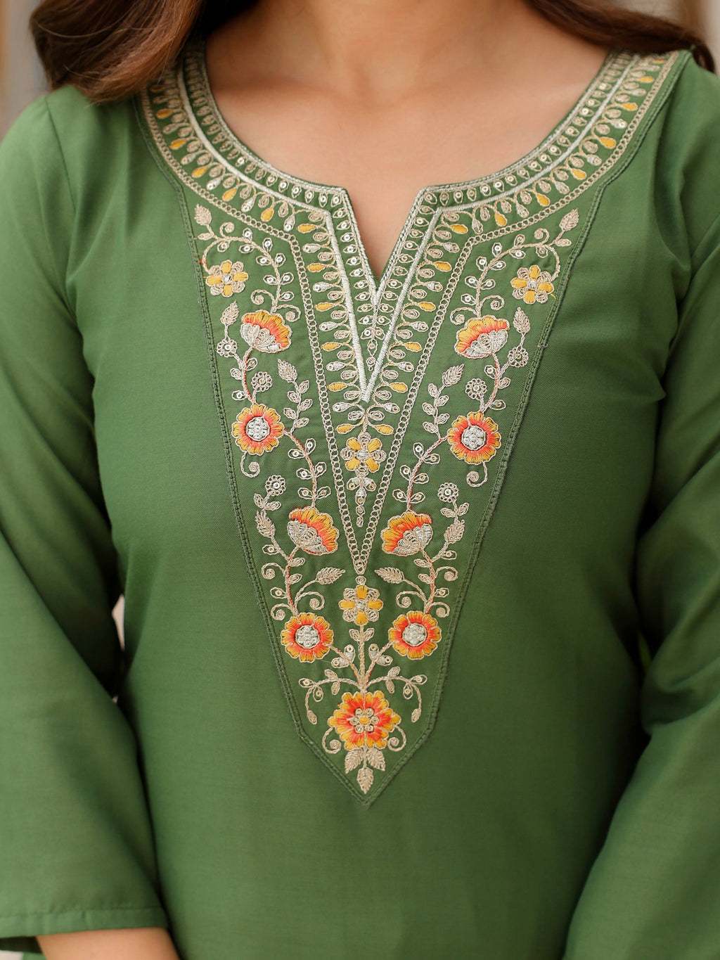 The52 Women's Gorgeous Rayon Embroidery work Straight Kurta with Pant and Dupatta Set | Grocsy