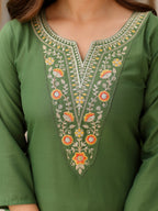 The52 Women's Gorgeous Rayon Embroidery work Straight Kurta with Pant and Dupatta Set | Grocsy