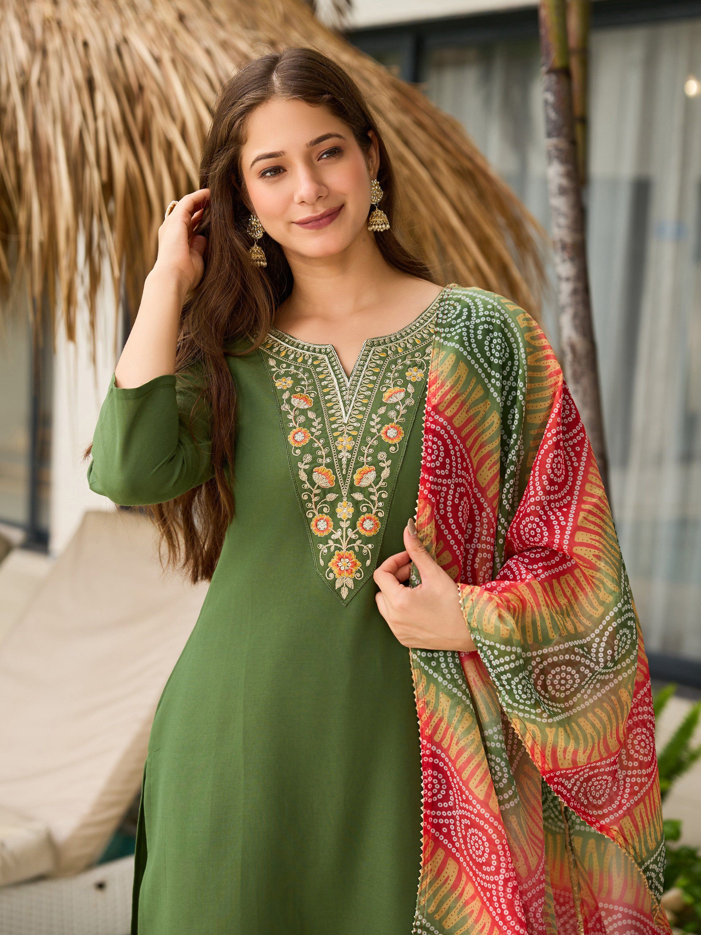 The52 Women's Gorgeous Rayon Embroidery work Straight Kurta with Pant and Dupatta Set | Grocsy