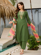 The52 Women's Gorgeous Rayon Embroidery work Straight Kurta with Pant and Dupatta Set | Grocsy