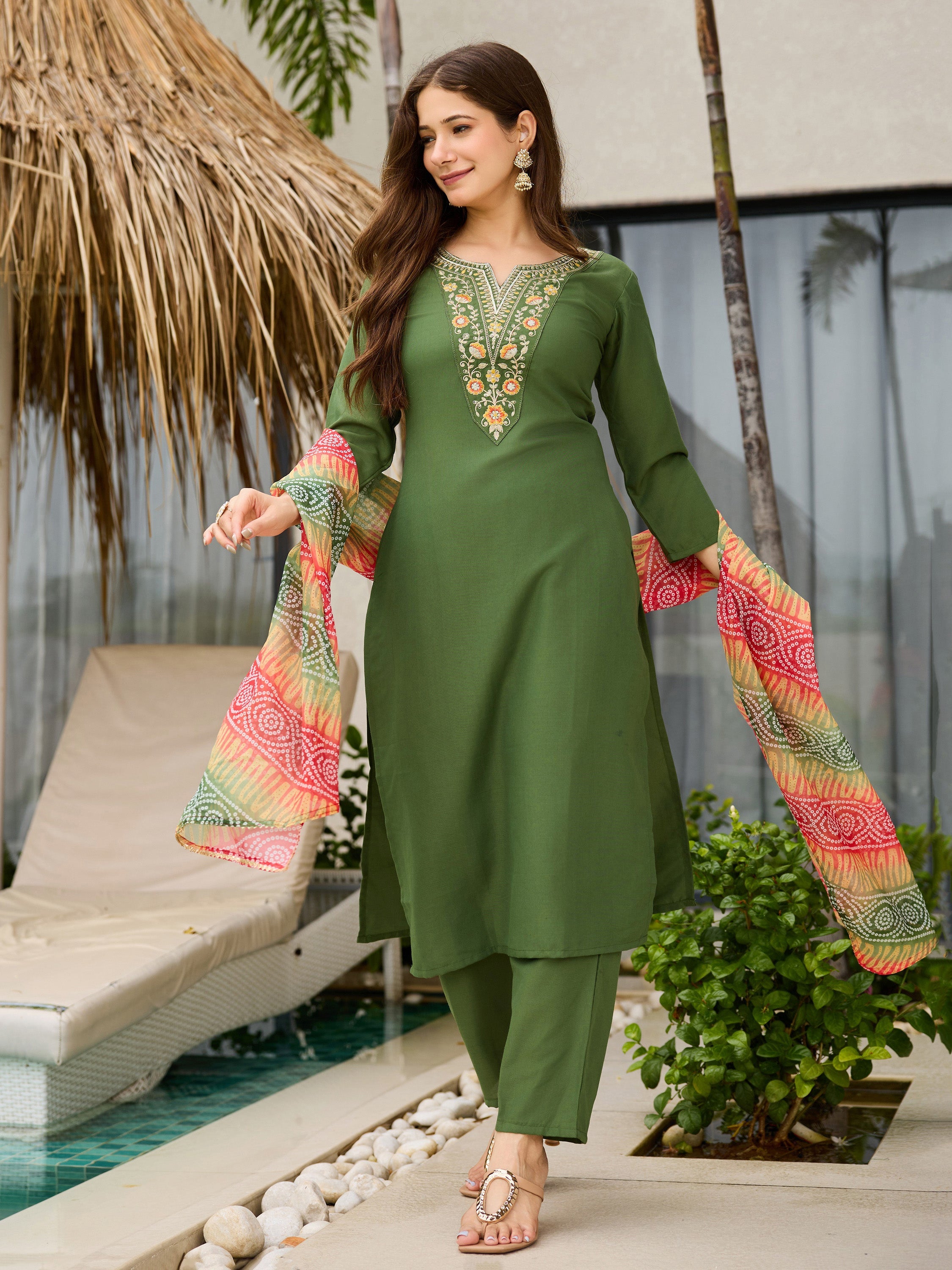 The52 Women's Gorgeous Rayon Embroidery work Straight Kurta with Pant and Dupatta Set | Grocsy