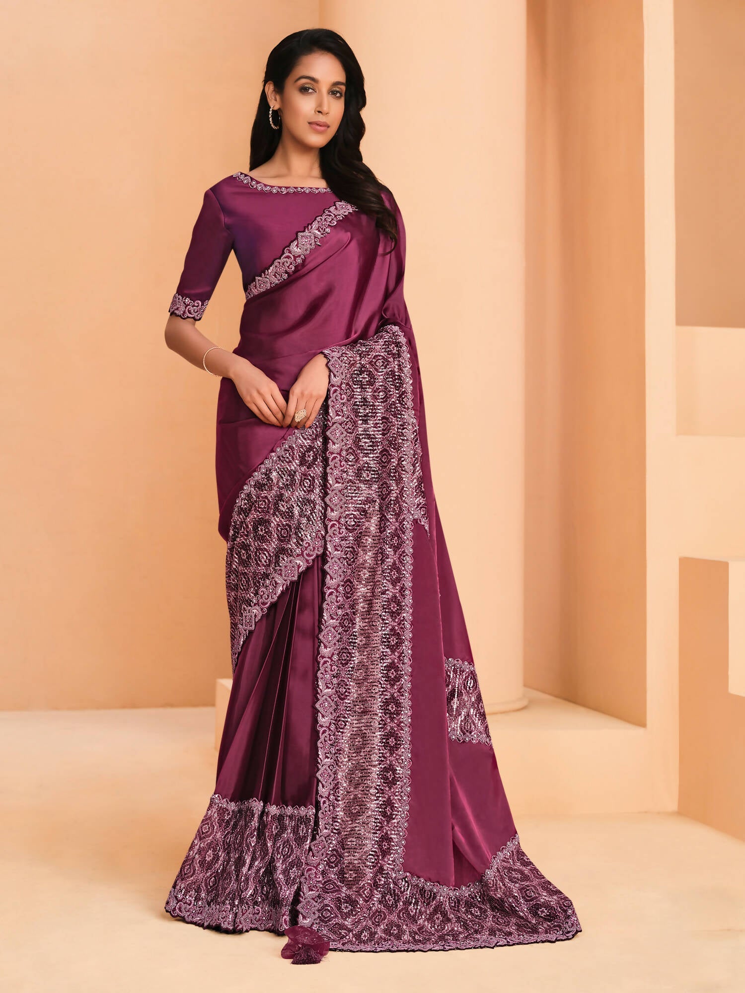 Maroon Satin Crepe Silk Sequence Embroidered Saree With Unstitched Blouse - Mohmanthan Yavanika | Grocsy