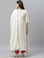 Miravan Women's Beige Embroidered Chikankari Kurta & Dupatta | Grocsy