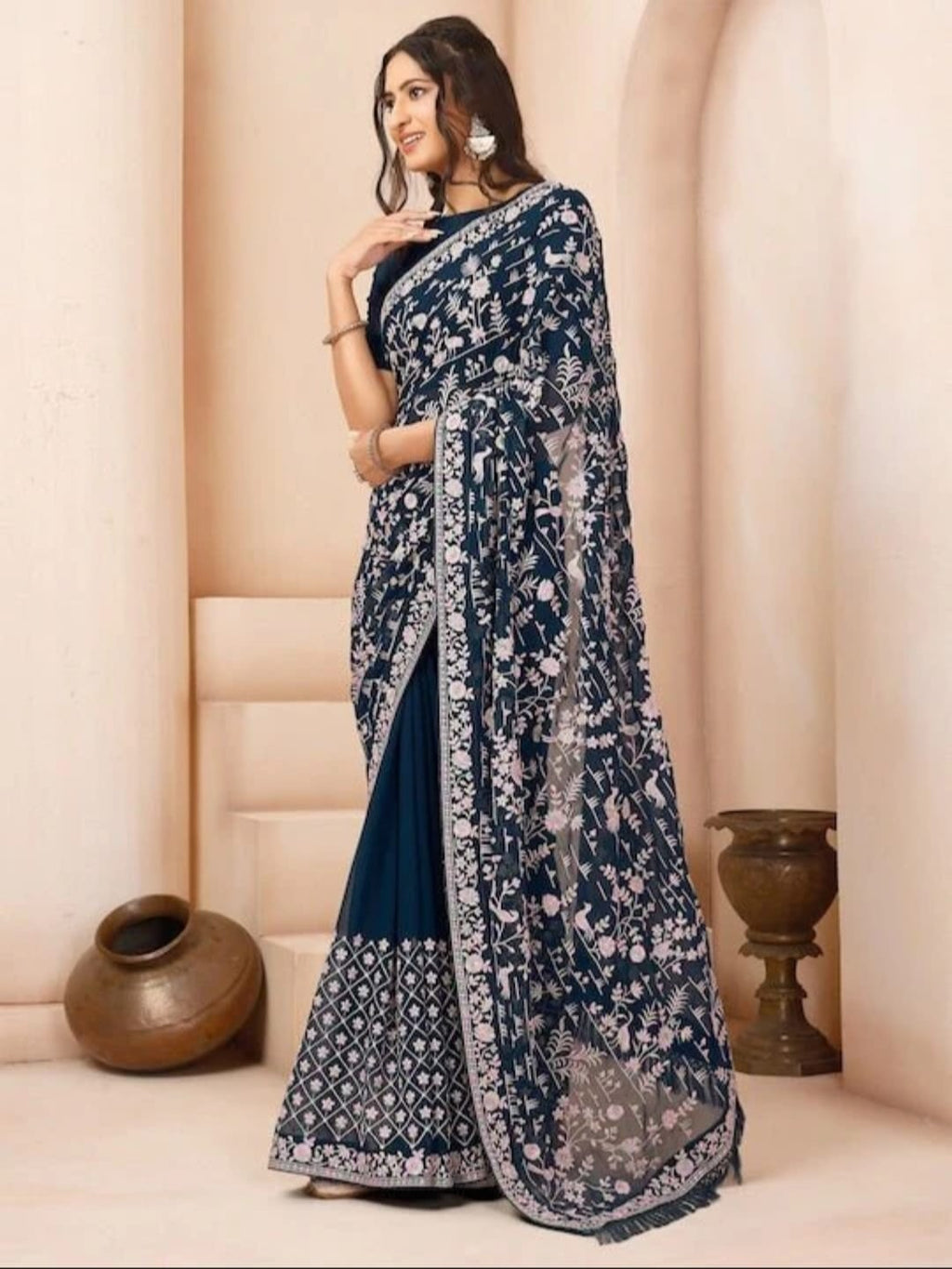 Vamika Embroidery Rama Green Georgette Bollywood Saree | Grocsy